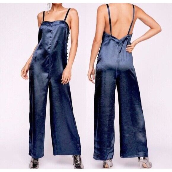 Free People Intimately Oh My Shine Satin Jumpsuit M Navy Blue Side Buttons NWOT - Picture 1 of 10